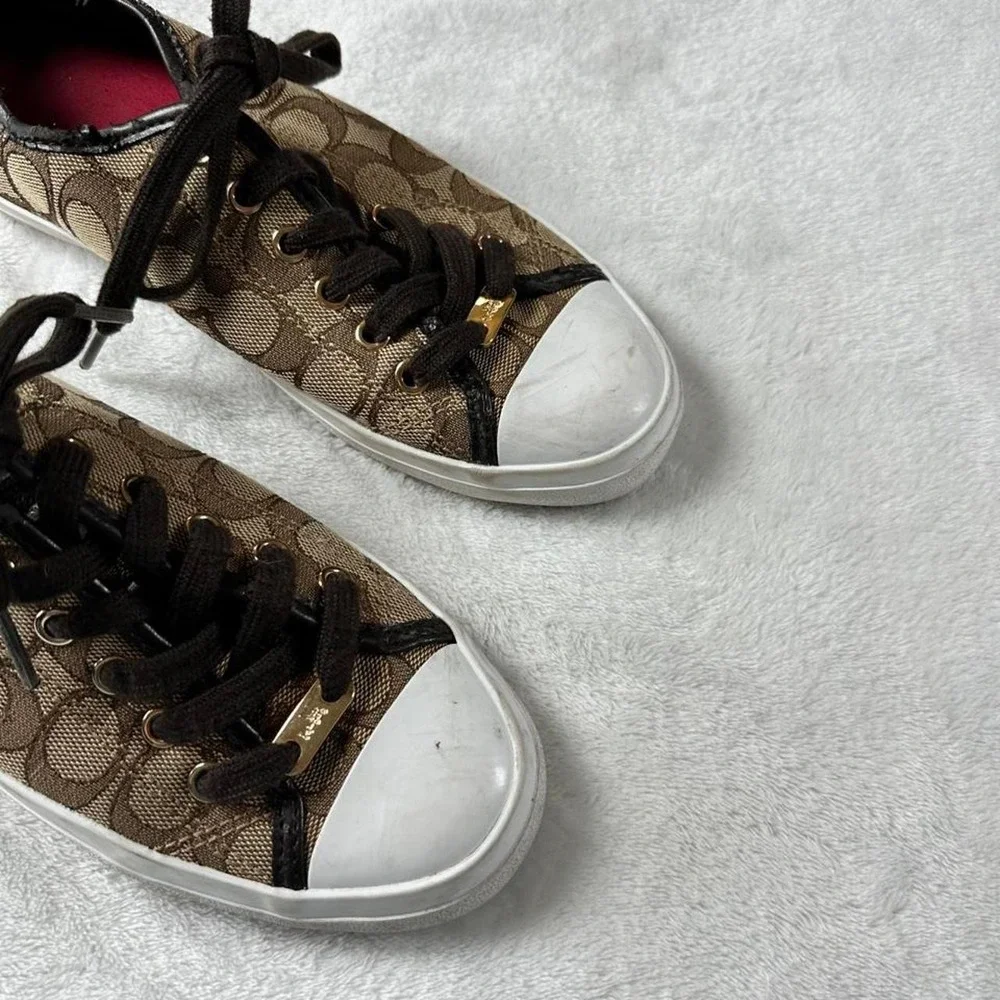 Coach empire brown signature monogram canvas sneakers white rubber caps y2k